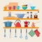 Kitchen shelves with tableware