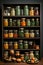 Kitchen shelves topped with lots of bottles and jars with canned food. Vegetables in jars