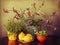 Kitchen still life, herbs, lemons and wild spring flowers, grunge texture added