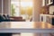 Kitchen table surface with blurred kitchen interior product advertising backdrop