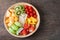 kitchen table with Variety of Fruits on wood plate, group of Fruit salad - healthy eating and dieting food, concept of health car