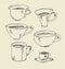 Kitchen tableware hand drawn image. assorted cup and mug sketch artwork.