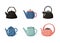 Kitchen Teapot set cartoon style vector Illustration. Kitchen utensils. Beatiful household appliance for brewing tea.