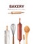 Kitchen tools, collection utensils for cooking and baking, shovel, wooden spoon, marble rolling pin and whisk