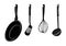 Kitchen Tools, Cookin Utensils Vector. Frying Pan Turner Egg Beater and Ladle Set