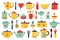 Kitchen tools. Kitchenware, cooking baking utensils. Doodle ceramic kettle, spatula and glass. Isolated modern household elements