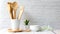 Kitchen tools and kitchenware utensil object on kitchen shelf wood white for healthy eat and health care life.