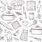Kitchen tools seamless pattern. Sketch cooking utensils hand drawn kitchenware. Engraved kitchen elements vector
