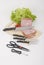 Kitchen tools; set of photo kitchen knives on white background