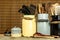 Kitchen tools on the table. Utensils for chefs. Old wooden spoon.