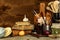 Kitchen tools on the table. Utensils for chefs. Old wooden spoon.