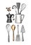 Kitchen tools. Whisk, spoon, spatula. Vector sketch of food in ink on a white background.