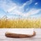 Kitchen towel on wooden table. Farm field with ears and blue sky as background. Napkin close up top view mock up for