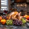 Kitchen tray with roasted turkey, pumpkins and oranges around wine in the background kitchen. Turkey as the main dish of