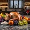 Kitchen tray with roasted turkey, pumpkins and oranges around wine in the background kitchen. Turkey as the main dish of