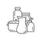 Kitchen utensil icon. Saucepan, jug, bottles, dispenser. Linear template for dishes logo and crockery shop. Black simple