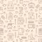 Kitchen utensil, small appliances beige seamless pattern with flat line icons. Background with household cooking tools