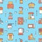 Kitchen utensil, small appliances colored seamless pattern flat line icons. Background with household cooking tools -