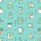 Kitchen utensil, small appliances green seamless pattern with flat line icons. Background with household cooking tools