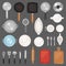 Kitchen utensil vector kitchenware or cookware for cooking food set of pan cutlery and plate illustration of dishware