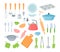Kitchen utensils. Cartoon cooking tools and kitchen utensils, dishes cups pans pots and knives. Vector set