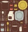 Kitchen utensils and food. Cookware, home cooking background.