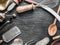 Kitchen utensils on a graphite background.