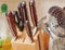 kitchen utensils kitchen knives, wooden and metal ladles and ski