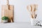 Kitchen utensils. Kitchen wooden tools and kitchenware. White modern kitchen interior