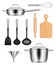 Kitchen utensils. Pans steel pot griddles knives items for cooking food vector realistic images set