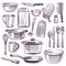 Kitchen utensils. Sketch cooking equipment. Frying pan, knife and fork, spoon and bowl, cup and glass, cutting board