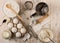 Kitchen utensils and tools for homemade baking on a light wooden