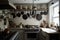 kitchen, with vintage pots and pans hanging above a modern stove