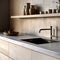 Kitchen water mixer tap on stone counter and wooden shelf with pottery above it. Created with generative Ai