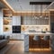 A kitchen with waterfall-edge quartz countertops, a hidden pantry, and LED under-cabinet lighting