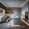 A kitchen with waterfall-edge quartz countertops, a hidden pantry, and LED under-cabinet lighting