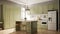 Kitchen with white furniture and an olive color fridge, high quality, best of lighting