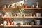 A kitchen white wall with shelves topped with lots of bottles, bowls and jars with spices and products