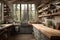A kitchen with wooden counters and open shelves. AI generative image. Kitchen in Norwegian house Kitchen in Norwegian