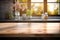 Kitchens summer window background softly blurs behind wooden tabletop