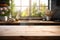 Kitchens summer window background softly blurs behind wooden tabletop