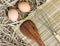 Kitchenware and eggs on straw
