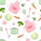 Kitchenware and food seamless pattern. Pink apron, oven mitts, saucepan, spoon, broccoli, cabbage and carrot on white.
