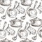 Kitchenware saucepan with spoon and baking mitten seamless pattern