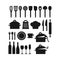 Kitchenware utensils pots and tools black silhouette icon set.
