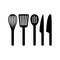 Kitchenware whip, slotted spoon, spatula turner and knives silhouette set.