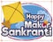 Kite Flying during Makar Sankranti and Sign Decorated with Reel, Vector Illustration