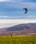 Kite landboarding. Landboard rider rides using the C-shape kite