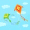 Kites in sky. Flying in wind paper child toys on string, activity fun game in clouds, summer festival background, neat