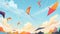 Kites in sky. Summer blue skies and clouds with kite on string flying in wind. Kites festival banner